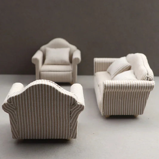 1: 12 Mini Furniture Sofa DIY Decoration Doll House Mini Furniture Living Room Furniture White Beige Sofa with Pillows