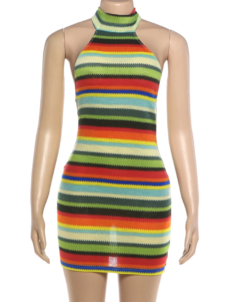 Kliou Stripe Patchwork Mini Dress Woman Bandage Halter Off Shoulder Backless Skinny Peach Hip Hot Girls Street Fashion Bodycon