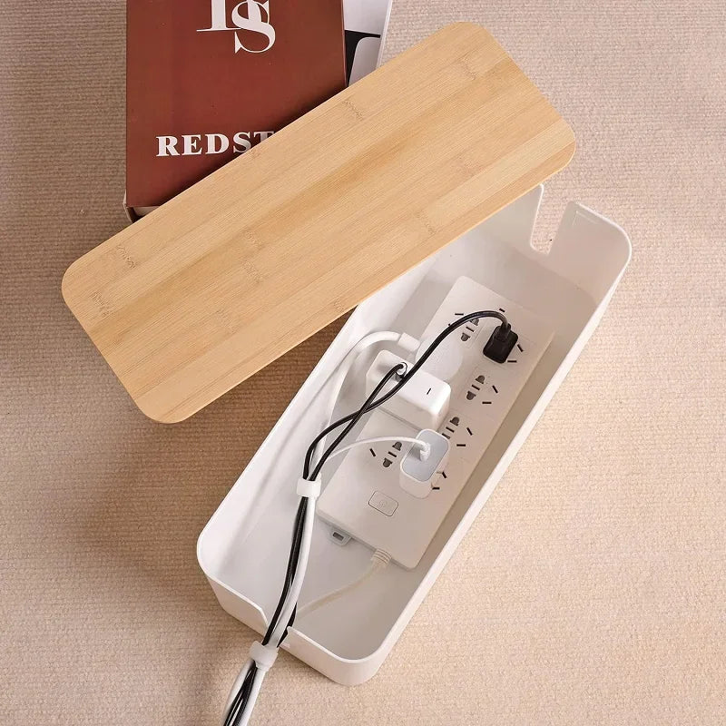 Bamboo Plastic Cable Organizer Box Wire Storage with Lid for Power Strips Cords Chargers Home Office Desk Management