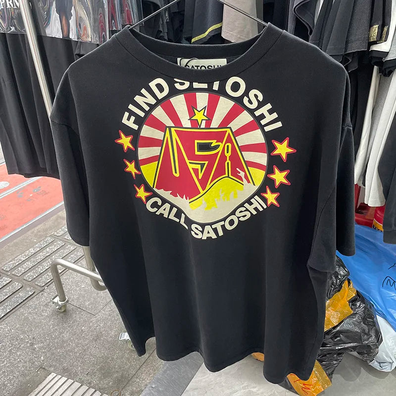 New Satoshi Nakamoto T Shirt Men Woman Fashion Crewneck Washed Damaged Hole Old Graffiti Top Tee Print Short Sleeve Streetwear
