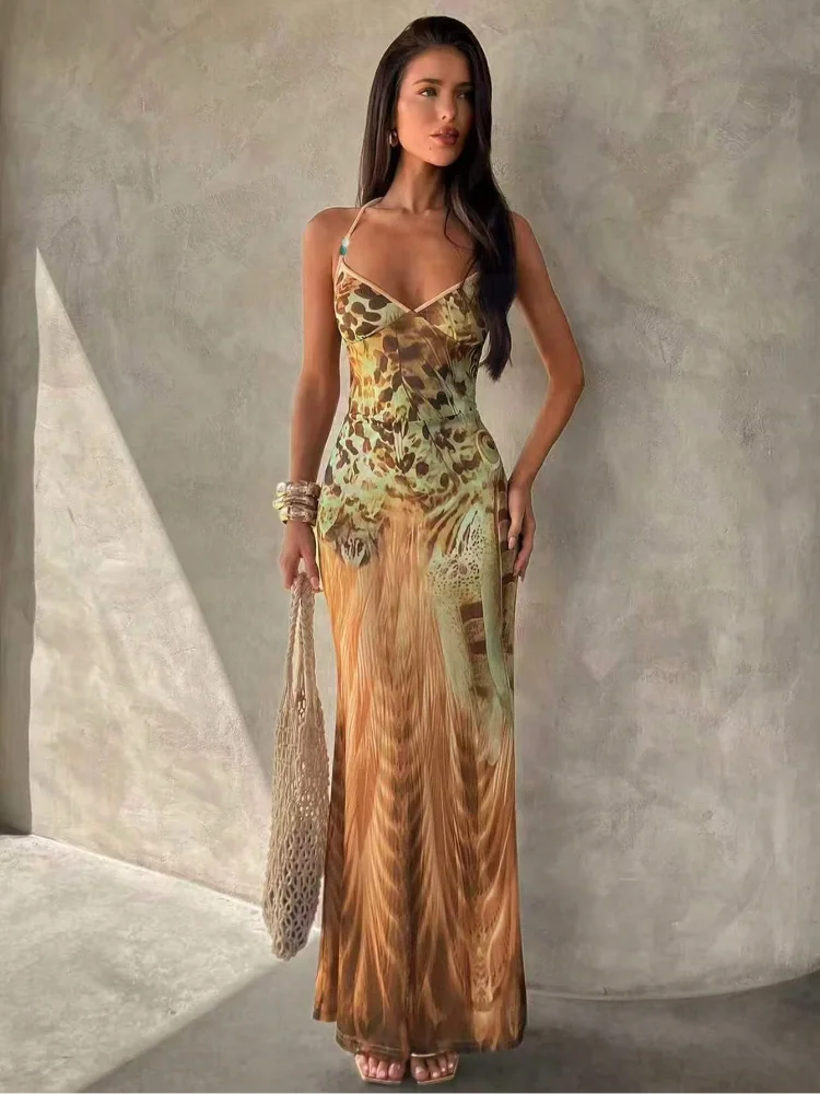 Women's Leopard Print Long Maxi Dress Halter Neck Plunge Front Tiered Ruffle Mermaid Skirt Elegant Party Cocktail Daily Gowns