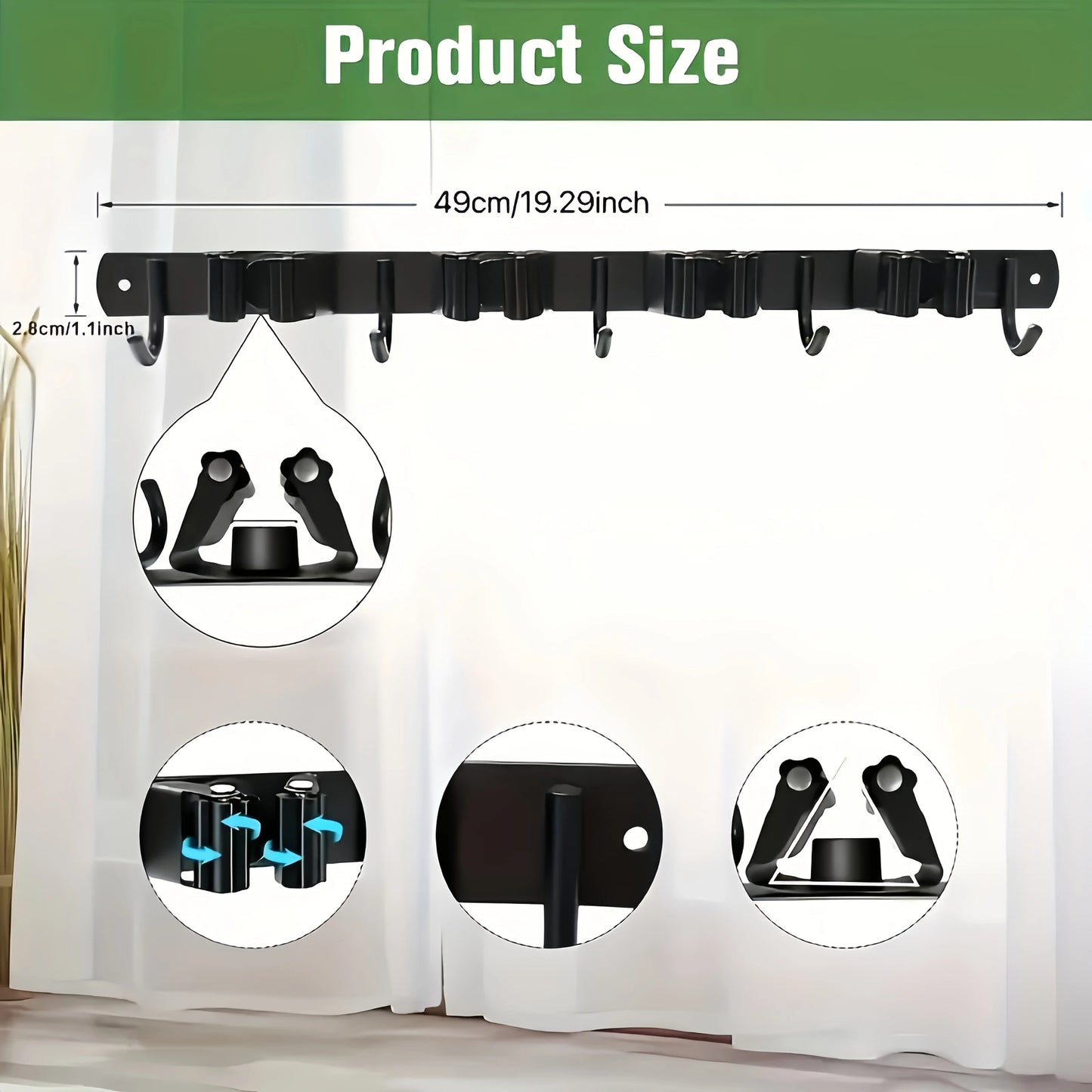 1 Heavy-Duty Metal Tool Rack with 4 Slots and 5 Hooks - Wall-Mounted Storage for Garden Tools, Brooms, Mops, and Garage Equipment, Tool Rack Storage, Black