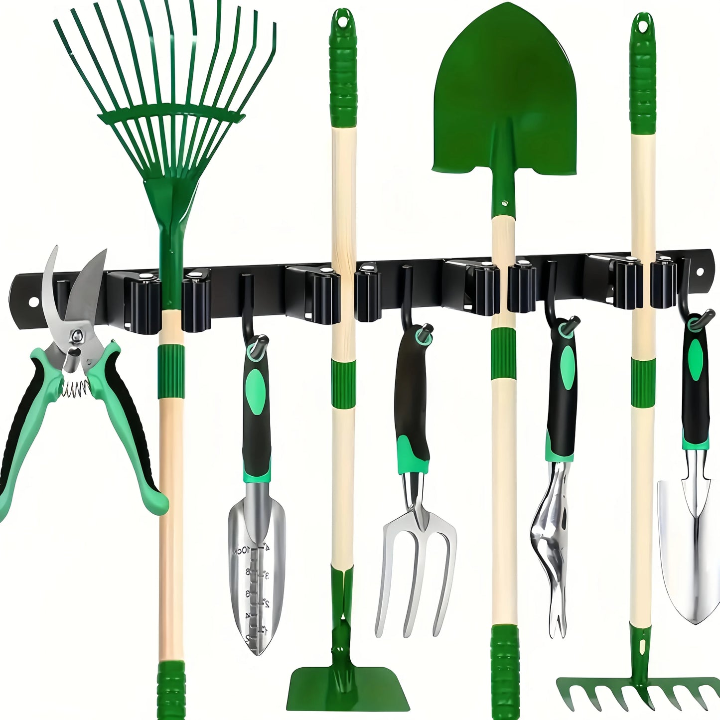 1 Heavy-Duty Metal Tool Rack with 4 Slots and 5 Hooks - Wall-Mounted Storage for Garden Tools, Brooms, Mops, and Garage Equipment, Tool Rack Storage, Black