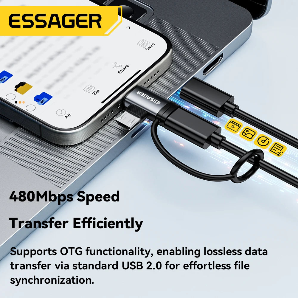 Essager 2 IN 1 Lighting/Micro Adapter Fast Charging USB Type C Female Connector For iPhone 17 16 15 14 13 12 11 IPad Converter