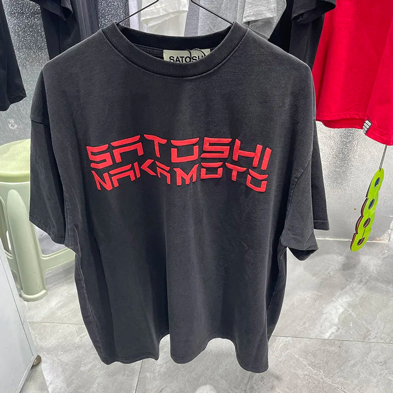 New Satoshi Nakamoto T Shirt Men Woman Fashion Crewneck Washed Damaged Hole Old Graffiti Top Tee Print Short Sleeve Streetwear