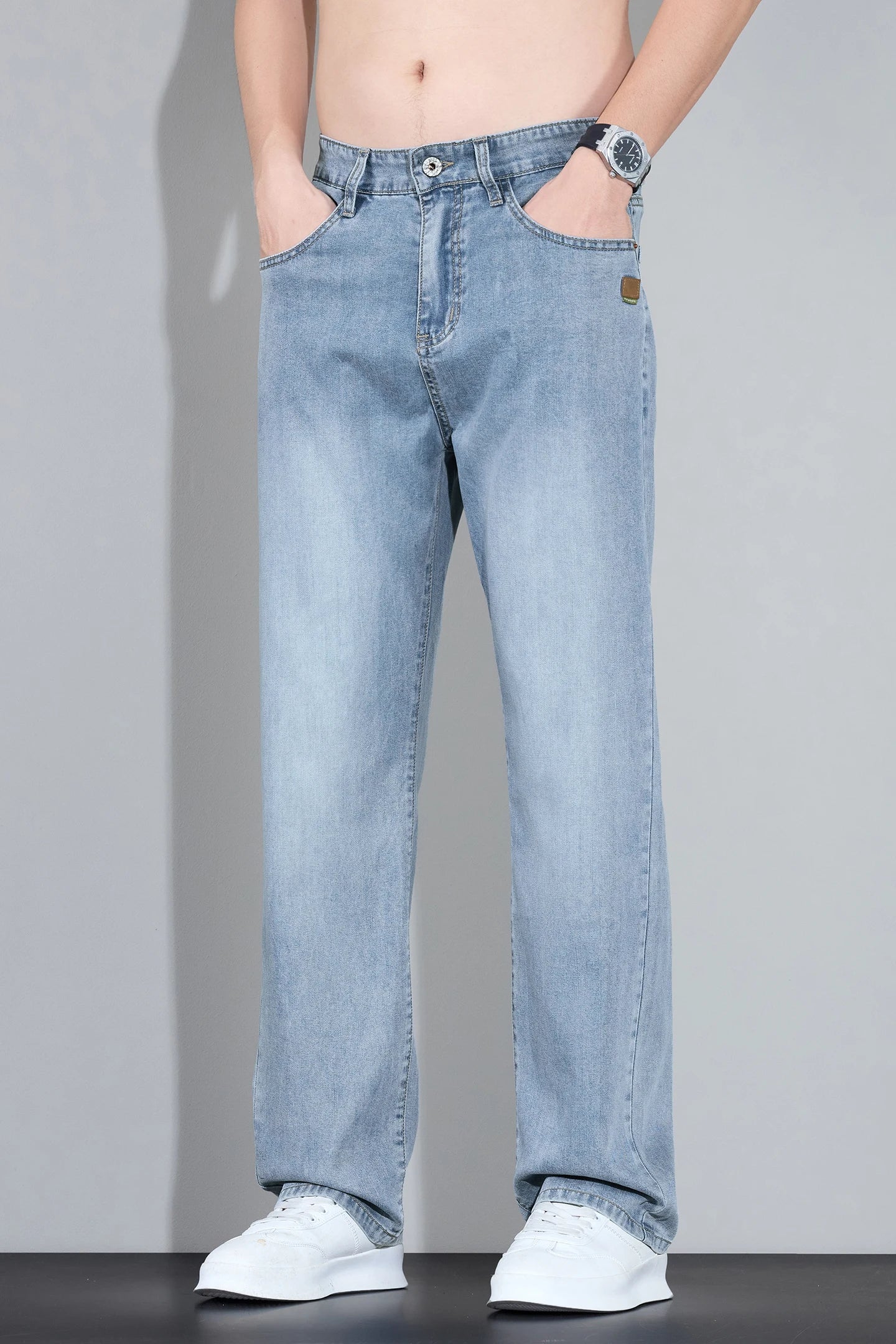 Lyocell Ice Silk Jeans Men's Fashion Korean Ultra-Thin Denim Pants Soft Drape Comfortable Business Straight Casual Trousers