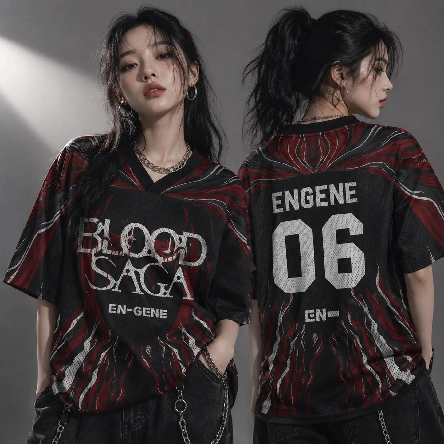 ENHYPEN NI-KI 10 Flame Mesh Jersey Tee Blood Saga Red Flame Full Print V Neck Oversized Kpop Fan Concert Breathable Street Top