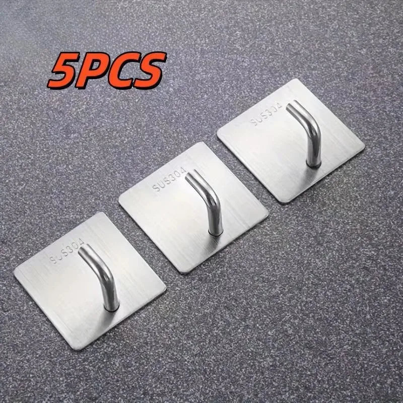 5PCS Heavy Duty Stainless Steel Adhesive Hooks No Drill Punch Free Wall Mounted Hook for Towel Home Storage