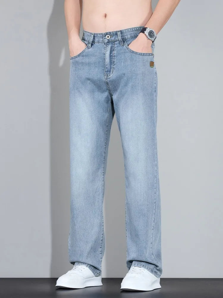Lyocell Ice Silk Jeans Men's Fashion Korean Ultra-Thin Denim Pants Soft Drape Comfortable Business Straight Casual Trousers