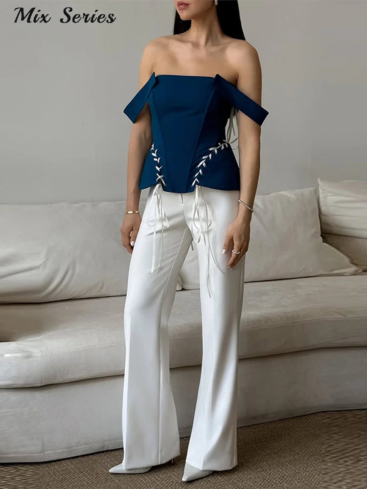 Elegant Off Shoulder Blue Tube Top Women's Contrast Lace Up Waist Cinched Corset Tops 2026 Summer New Lady Fashion Streetwear