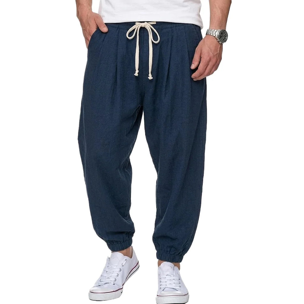 Mens Cotton Linen Trousers Casual Loose Fit Harem Pants Drawstring Bottoms for Spring Autumn Streetwear Joggers for Daily Wear