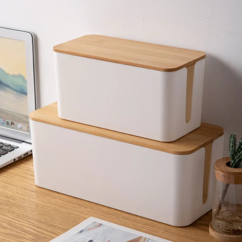 Bamboo Plastic Cable Organizer Box Wire Storage with Lid for Power Strips Cords Chargers Home Office Desk Management