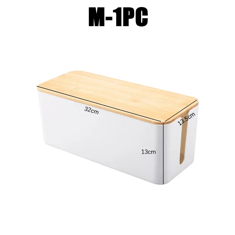 Bamboo Plastic Cable Organizer Box Wire Storage with Lid for Power Strips Cords Chargers Home Office Desk Management