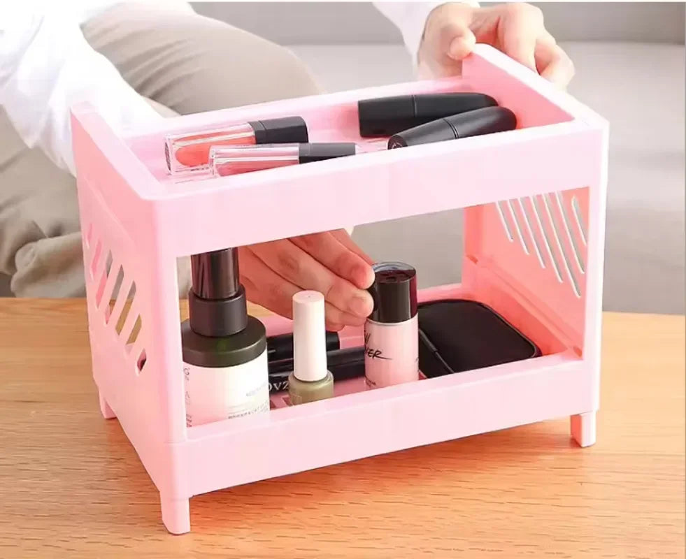 1PC PP Desktop Double Layer Storage Rack Rectangular White Organizing Student Desk Office Cosmetics Stationery