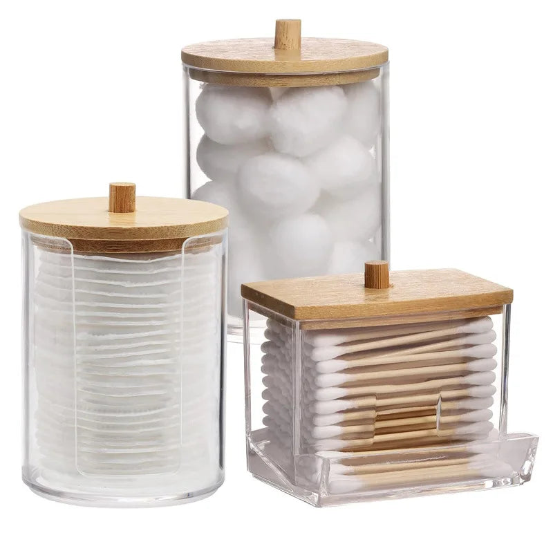 1pcs Cotton Swab Storage Box Acrylic Jar Makeup Organizer, Cotton Round Pad Holder, Q-tip Dispenser with Bamboo Lid