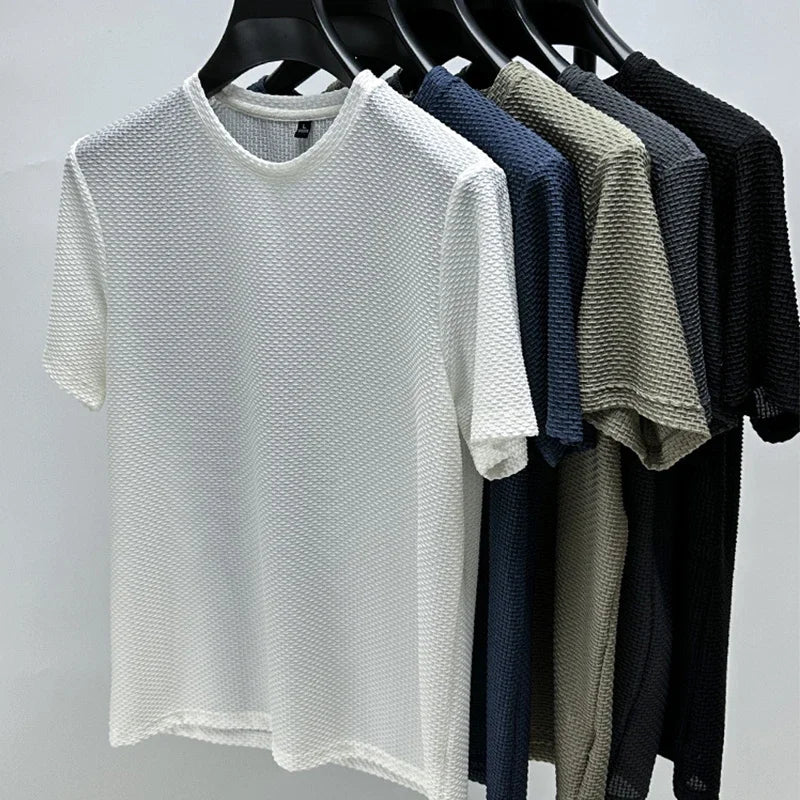Men's Short Sleeve Mesh Bamboo Ice Silk T-shirt Casual Versatile Summer Elastic Slimming Top for Men