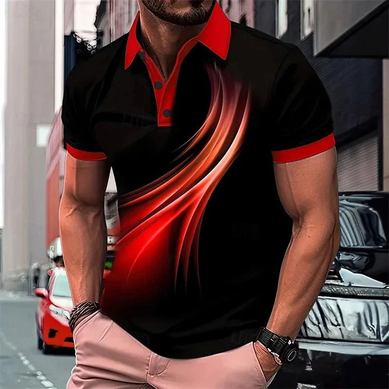 Fashionable summer short-sleeved men's polo shirt with 3d printed stripes, men's lapel, high-quality men's shirt, casual wear