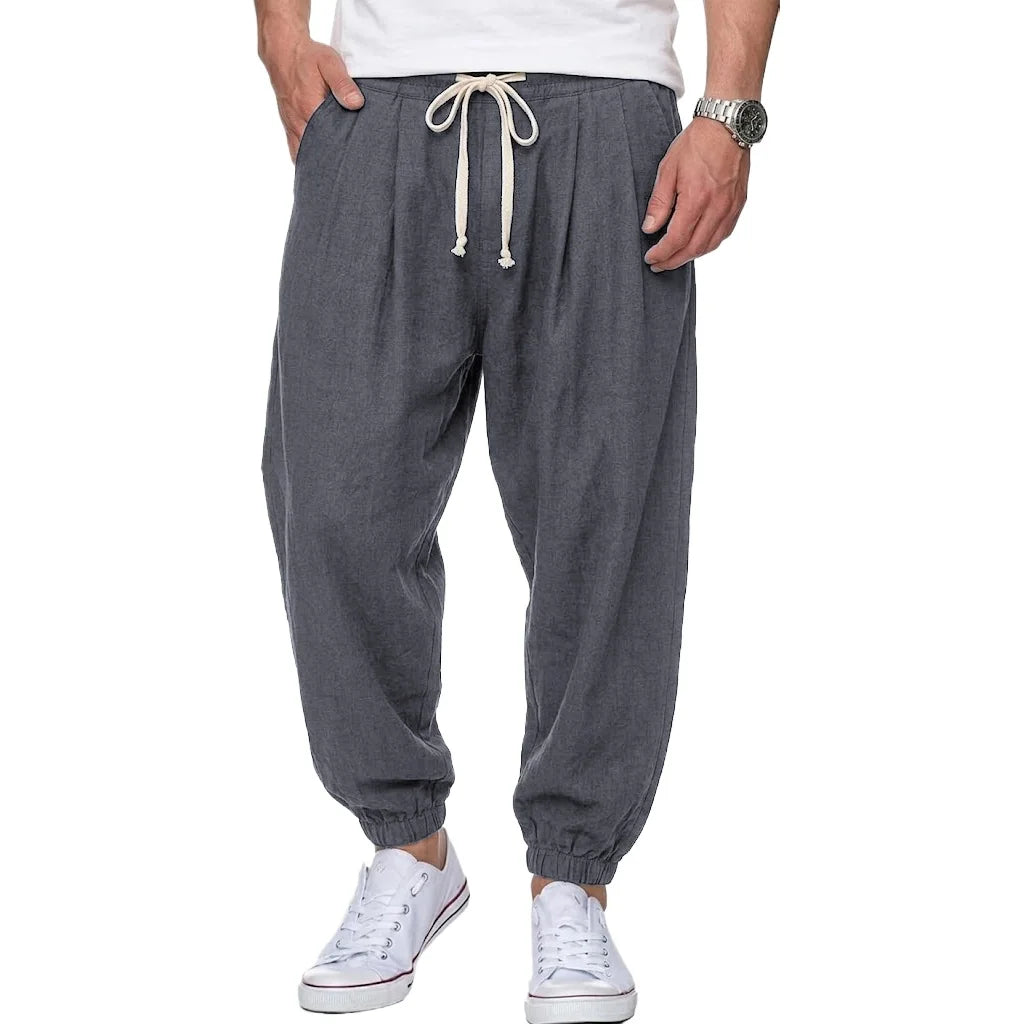 Mens Cotton Linen Trousers Casual Loose Fit Harem Pants Drawstring Bottoms for Spring Autumn Streetwear Joggers for Daily Wear
