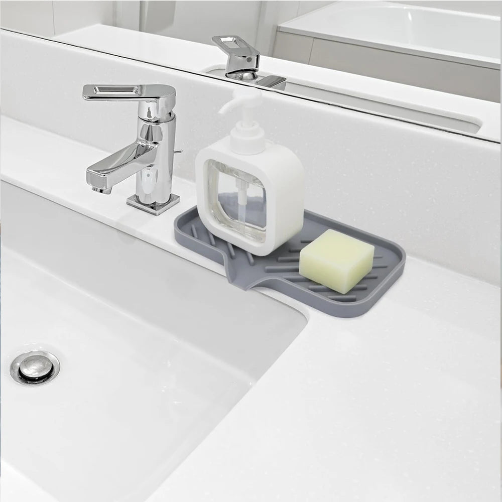 Silicone Faucet Mat Kitchen Sink Splash Drying Pad with Drain Soap Dispenser Sponge Storage Tray