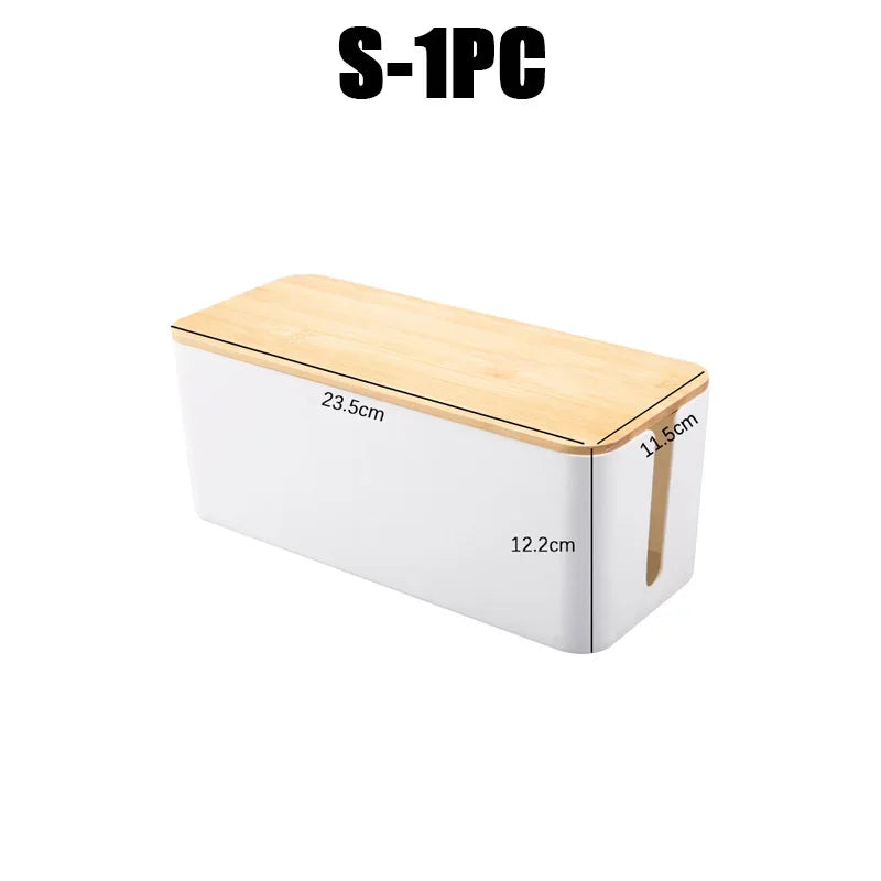 Bamboo Plastic Cable Organizer Box Wire Storage with Lid for Power Strips Cords Chargers Home Office Desk Management