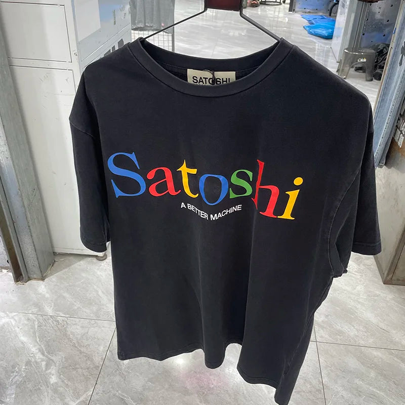 New Satoshi Nakamoto T Shirt Men Woman Fashion Crewneck Washed Damaged Hole Old Graffiti Top Tee Print Short Sleeve Streetwear