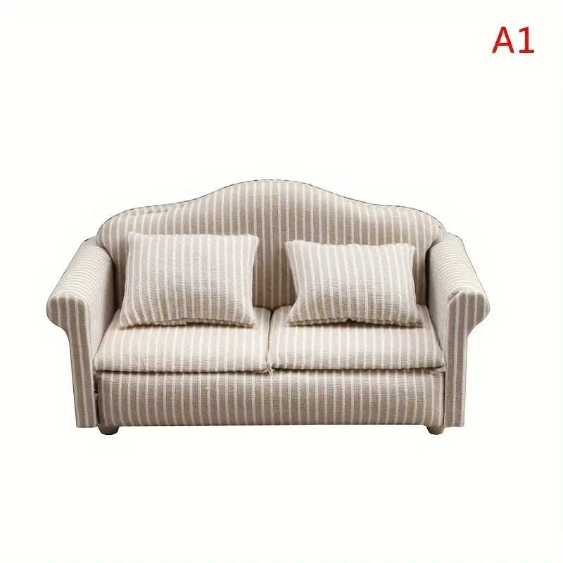 1: 12 Mini Furniture Sofa DIY Decoration Doll House Mini Furniture Living Room Furniture White Beige Sofa with Pillows