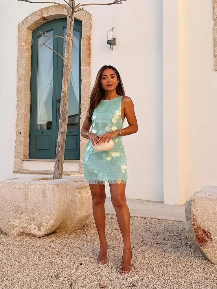 Women's Sexy Sequin Backless Short Dress High Waist Sleeveless Bodycon Mini Dresses 2026 Beach Vacation Party Club Outfits