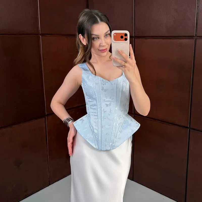 Women Top Floral Printed Spaghetti Strap Corset Top U-Neck Fishbone Boned Cinched Waist Irregular Hem Retro Vacation Camisole