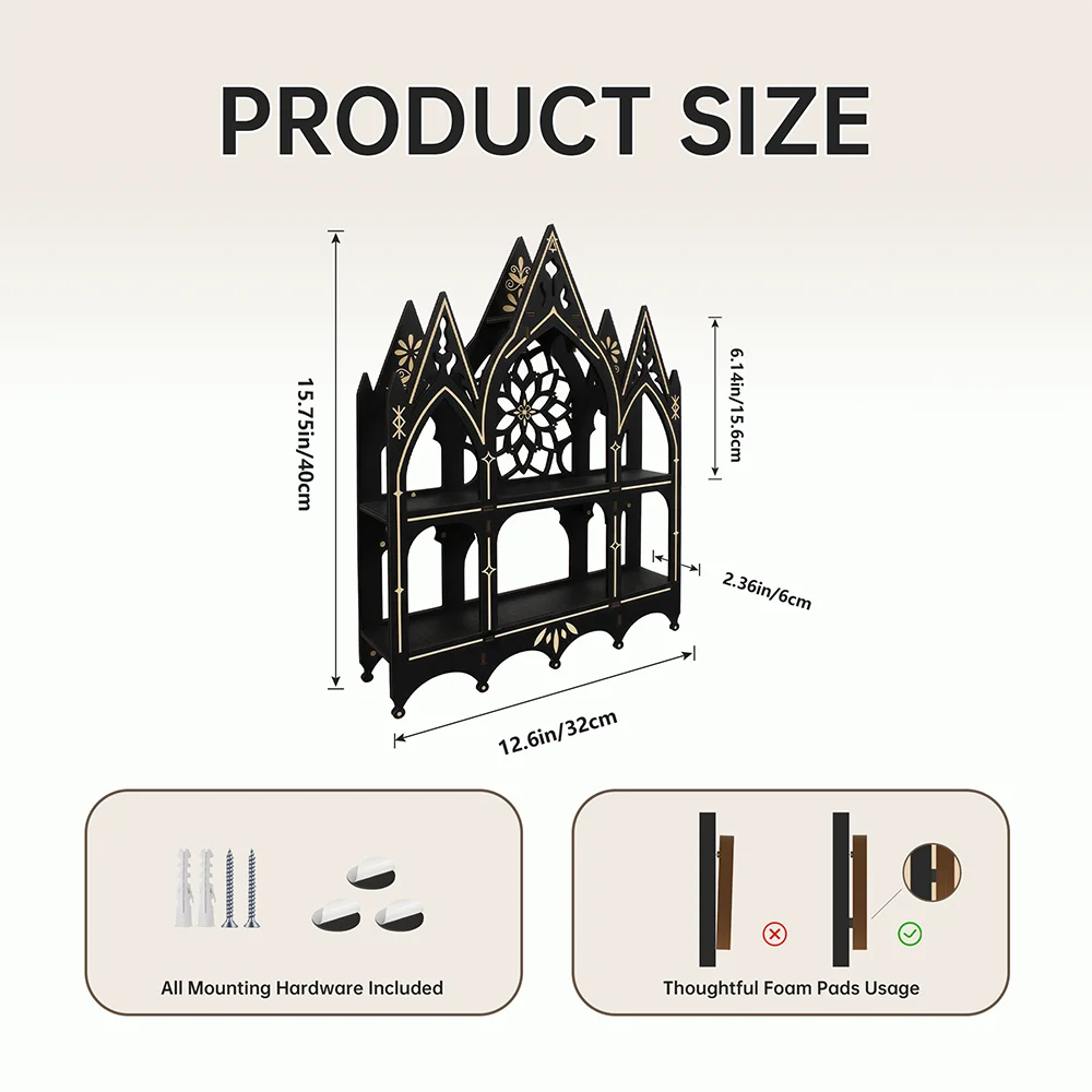 Wall Mounted Floating Shelves, Wooden Gothic Church Crystal Display Shelf,Gothic Home Decor, Boho Living Room Accessories