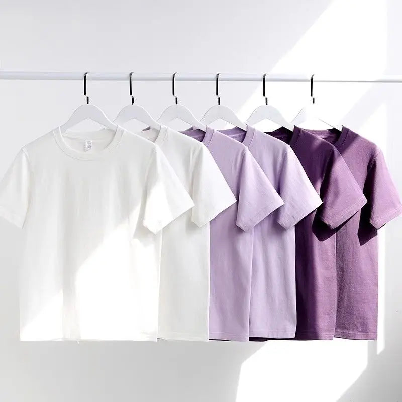 Men's and Women's T-shirts 300G Heavy Gray-purple Round Neck Short-sleeved T-shirts Women's Basic Pure Cotton Simple