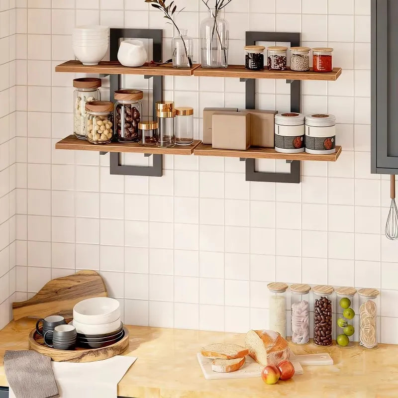 2 Tier Rustic Wood Floating Shelves With Sturdy Metal Frame Wall Shelf Organizer Rack For Living Room Bedroom Kitchen Bathroom