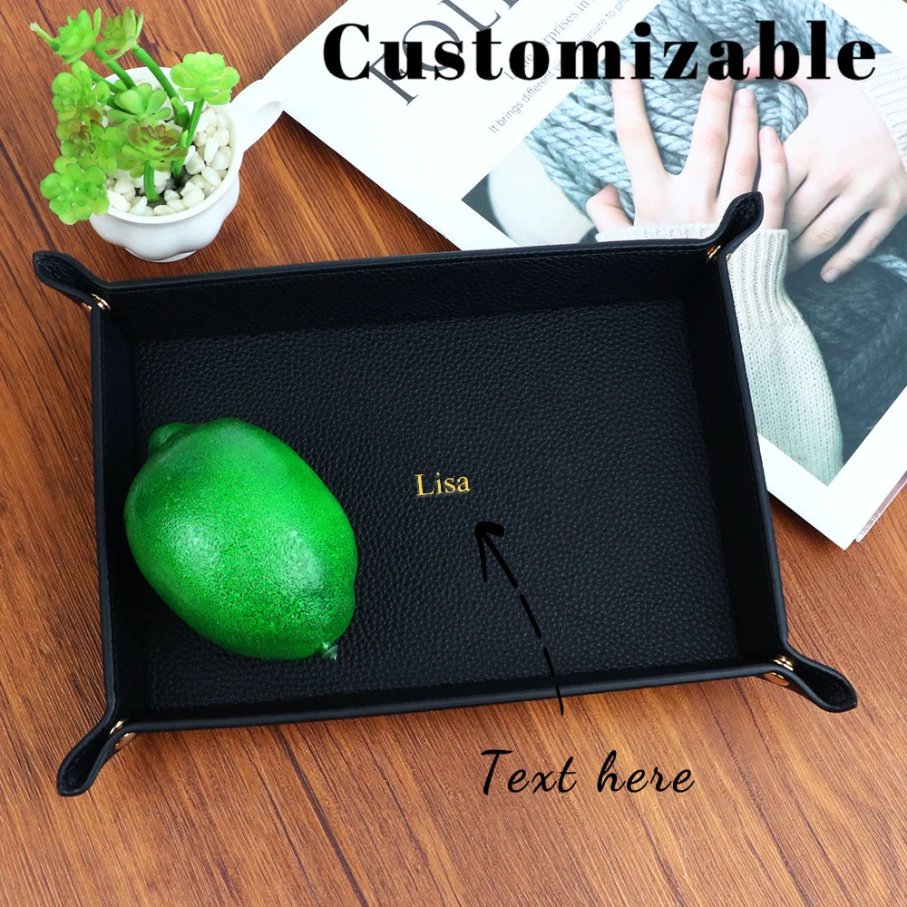 Customized Name PU Leather Rectangular Storage Box for Home Clutter Organization - Entrance Key, Cosmetics, Jewelry Storage Tray