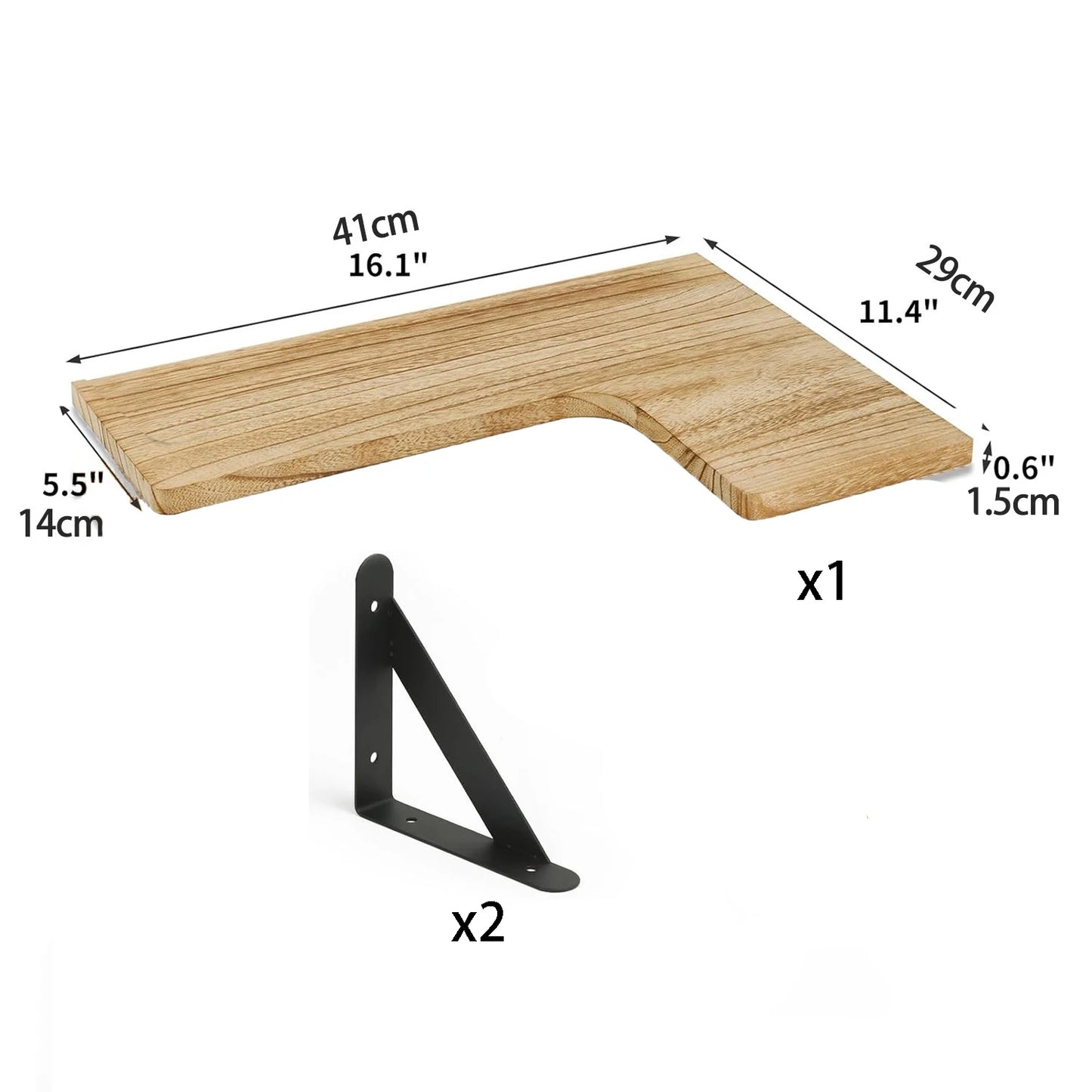 L-Shaped Floating Corner Wall Shelf Paulownia Wood Bathroom Kitchen Storage Rack 41x29x1.5cm