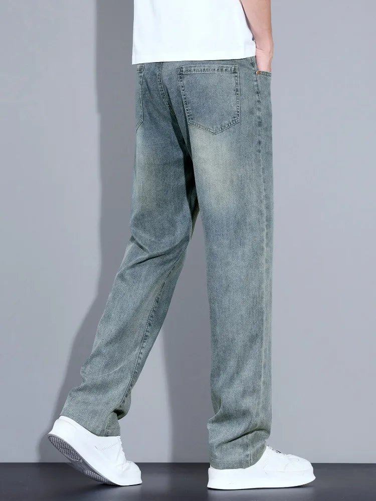 Lyocell Ice Silk Jeans Men's Fashion Korean Ultra-Thin Denim Pants Soft Drape Comfortable Business Straight Casual Trousers