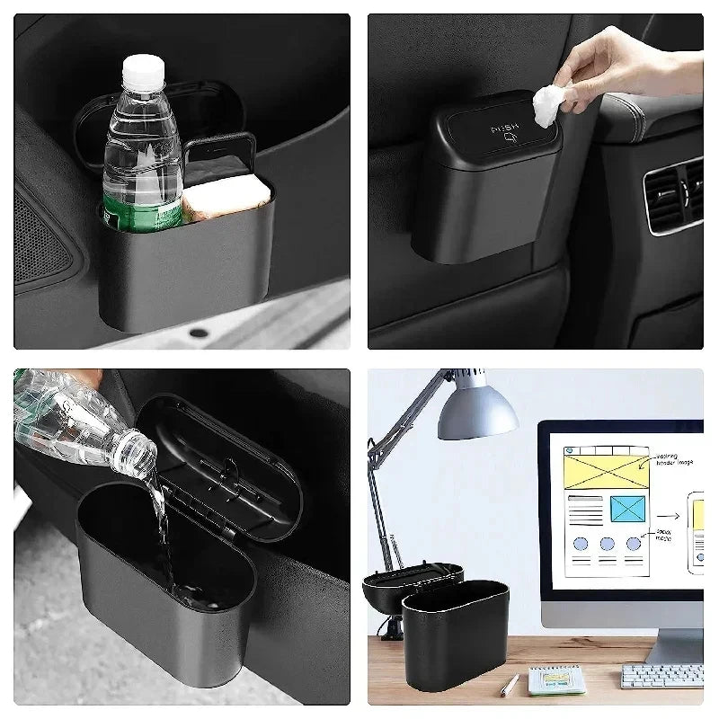 The covered car trash can contains 3 black garbage bags. The small car trash can is leak proof and miniature