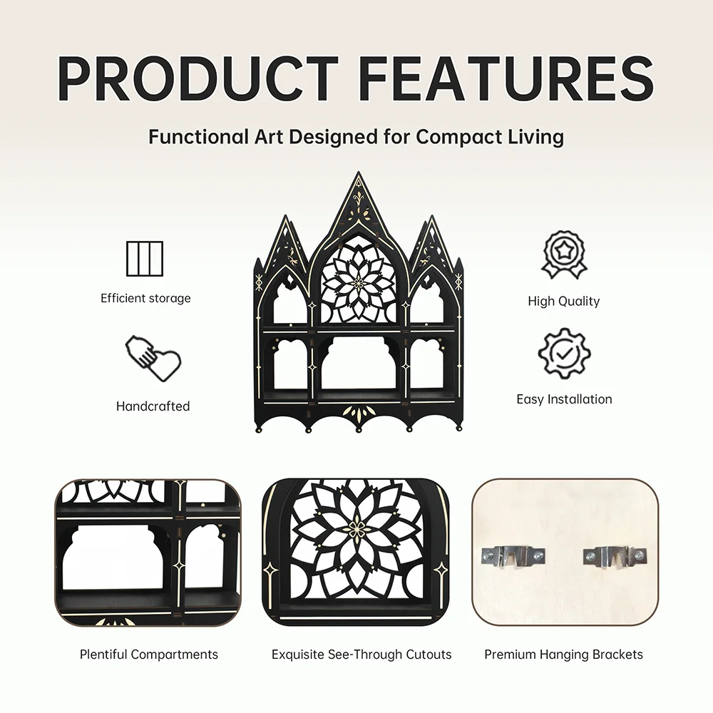 Wall Mounted Floating Shelves, Wooden Gothic Church Crystal Display Shelf,Gothic Home Decor, Boho Living Room Accessories
