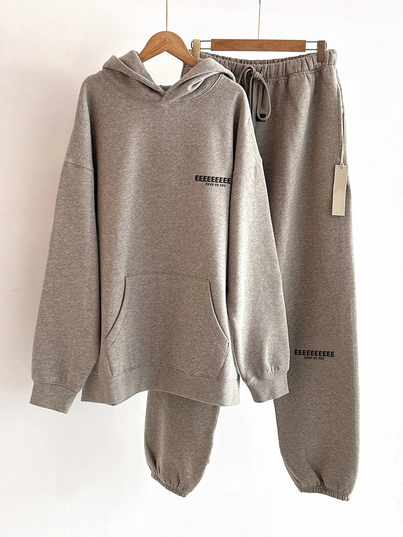 Fashion Double Line Matching Set Men's Drawstring Pants Luxury Design Plush Letter Pants High Street Couple Oversized Pants Set
