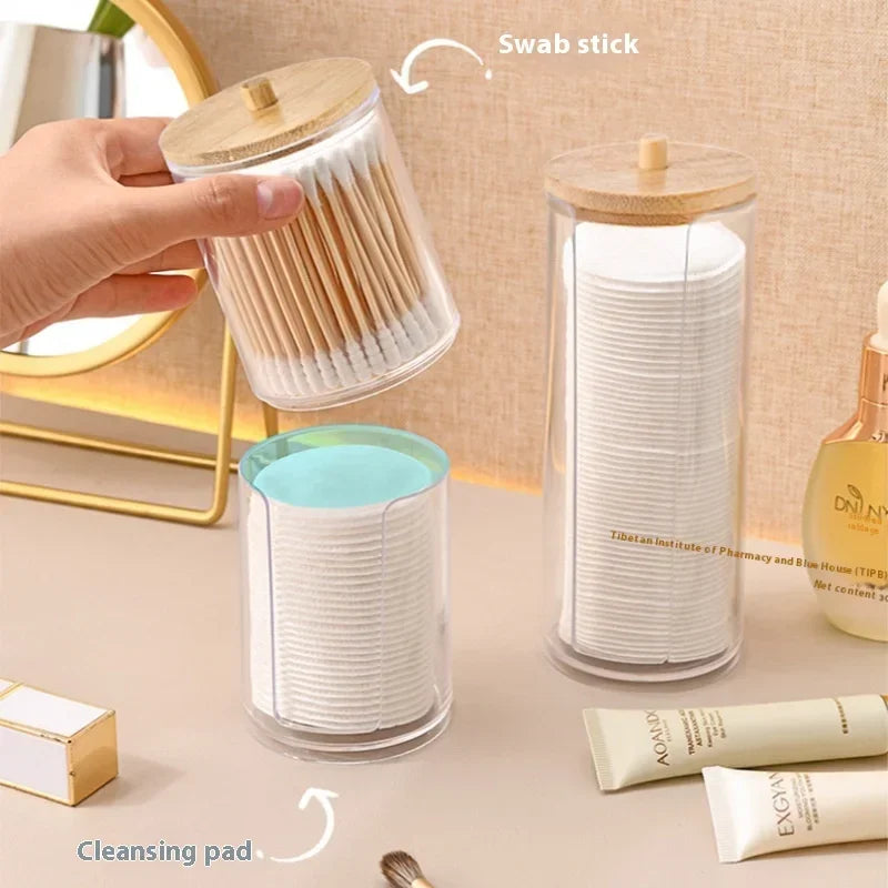 1pcs Cotton Swab Storage Box Acrylic Jar Makeup Organizer, Cotton Round Pad Holder, Q-tip Dispenser with Bamboo Lid