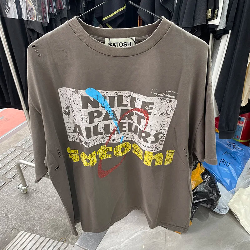 New Satoshi Nakamoto T Shirt Men Woman Fashion Crewneck Washed Damaged Hole Old Graffiti Top Tee Print Short Sleeve Streetwear