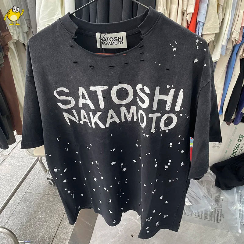 New Satoshi Nakamoto T Shirt Men Woman Fashion Crewneck Washed Damaged Hole Old Graffiti Top Tee Print Short Sleeve Streetwear
