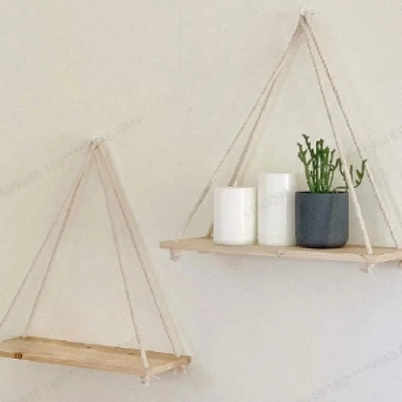 1/3pc Wood Swing Hanging Rope Wall Mounted Floating Shelves Home Living Room Wall Shelf Sundries Storage Outdoor Garden Decor