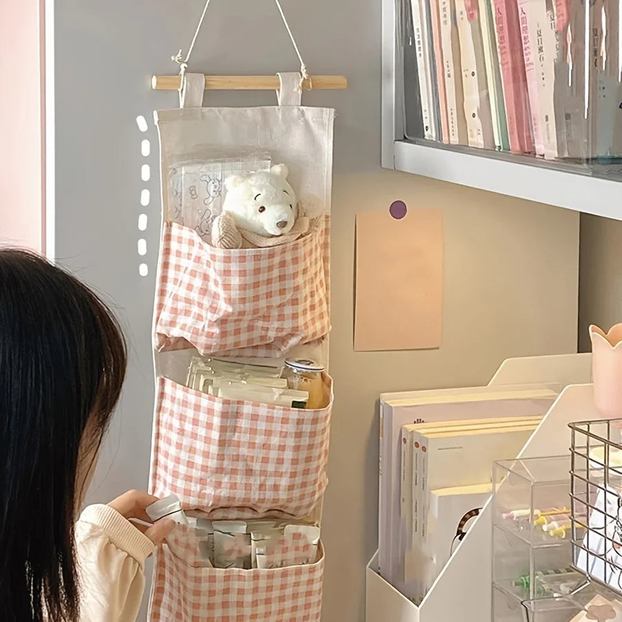Pink Storage Bag Rack Canvas Wall Mounted Bedroom Storage Bag Multifunctional for Books, Jewelry, and Miscellaneous Items,