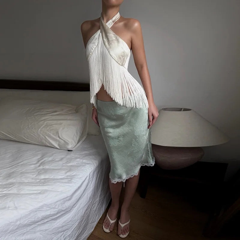 Solid Satin Women Fringe Top Cross Halter Neck Sleeveless Off Shoulder Backless Fashion Crop Tank Tops 2026 Summer Chic Outfits