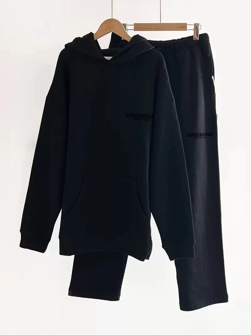 Fashion Double Line Matching Set Men's Drawstring Pants Luxury Design Plush Letter Pants High Street Couple Oversized Pants Set