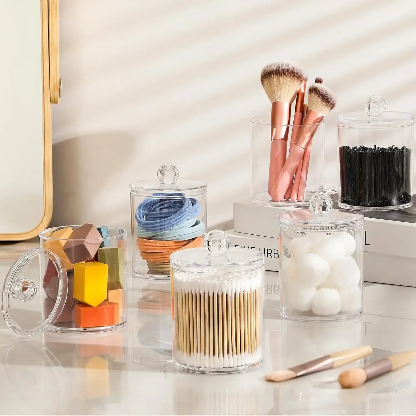 1pcs Cotton Swab Storage Box Acrylic Jar Makeup Organizer, Cotton Round Pad Holder, Q-tip Dispenser with Bamboo Lid