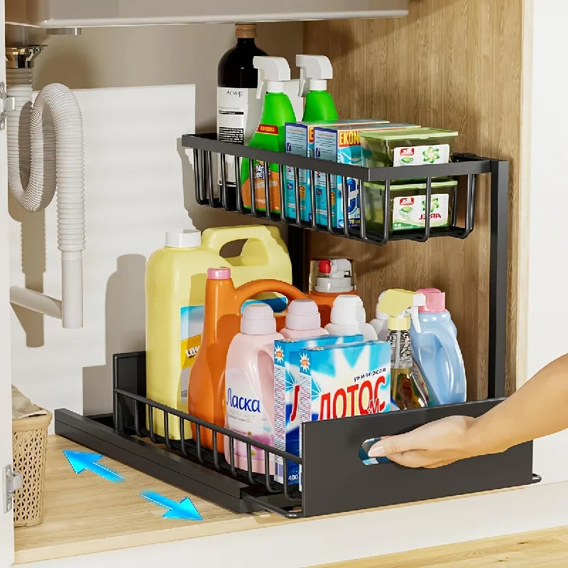 2-Tier Sliding Under Sink Organizer - Rustproof Metal Cabinet Storage for Kitchen and Bathroom Cleaning Supplies and Essentials