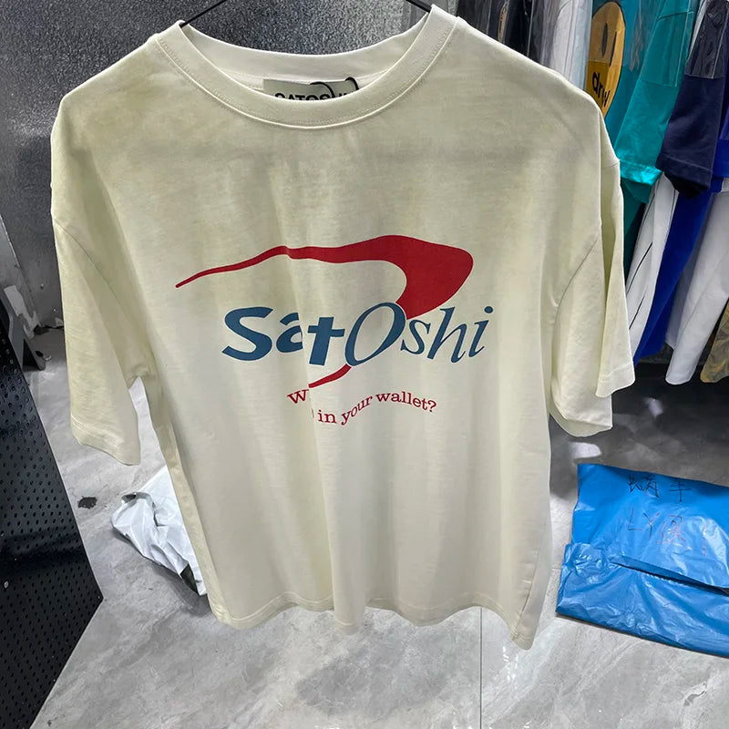 New Satoshi Nakamoto T Shirt Men Woman Fashion Crewneck Washed Damaged Hole Old Graffiti Top Tee Print Short Sleeve Streetwear