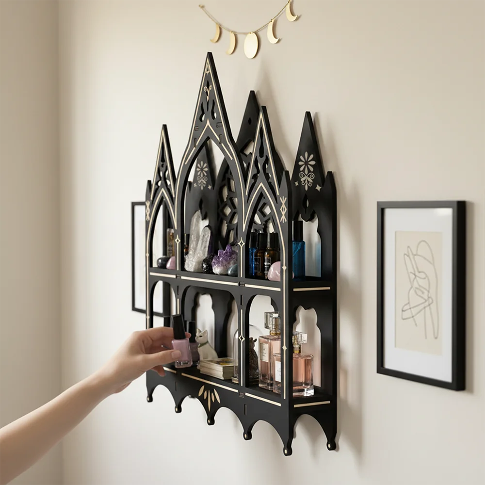 Wall Mounted Floating Shelves, Wooden Gothic Church Crystal Display Shelf,Gothic Home Decor, Boho Living Room Accessories