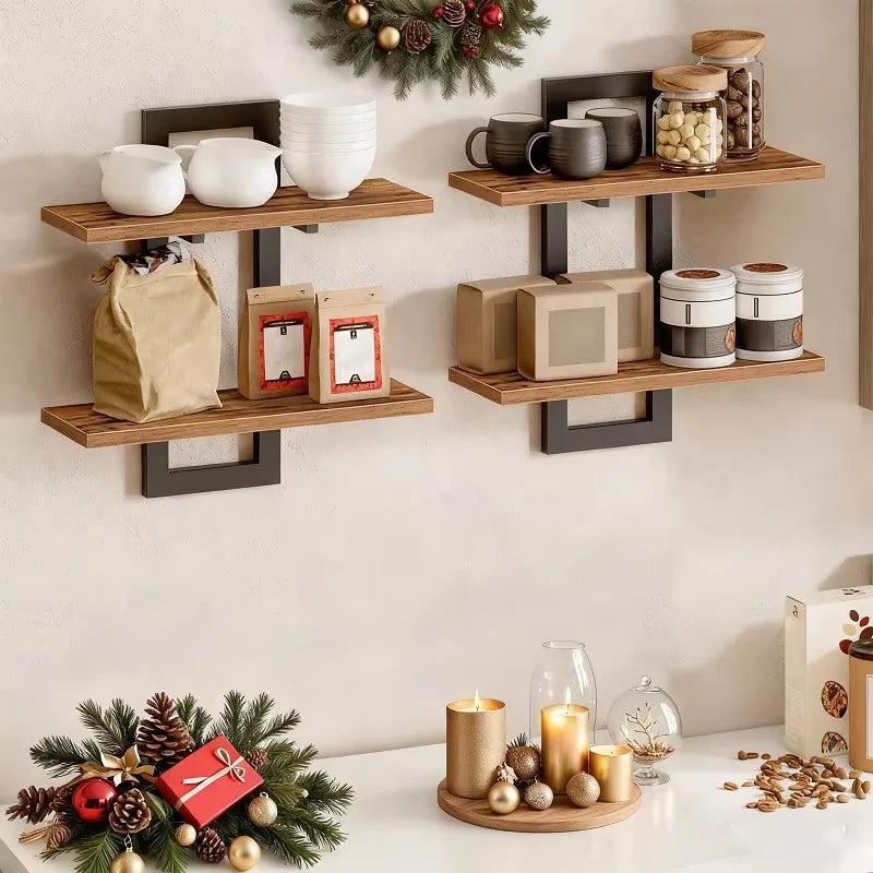 2 Tier Rustic Wood Floating Shelves With Sturdy Metal Frame Wall Shelf Organizer Rack For Living Room Bedroom Kitchen Bathroom
