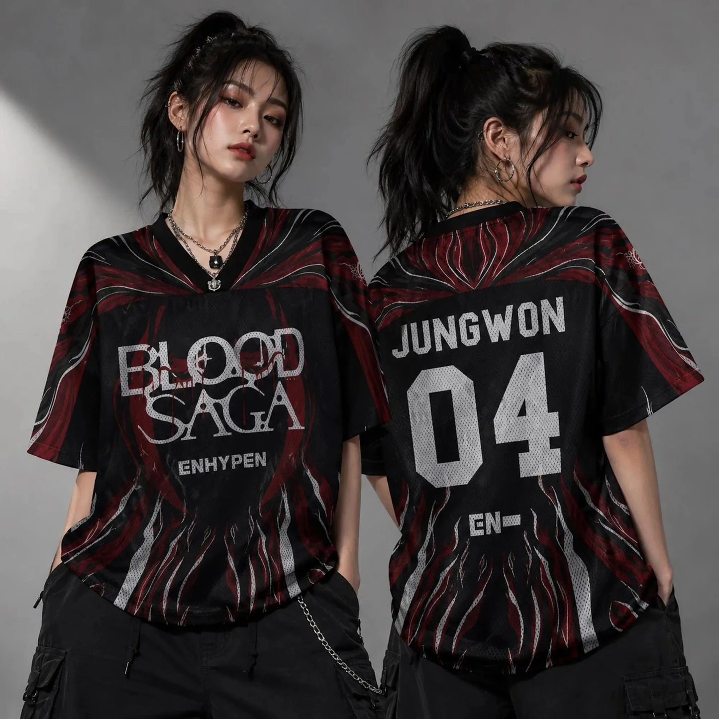 ENHYPEN NI-KI 10 Flame Mesh Jersey Tee Blood Saga Red Flame Full Print V Neck Oversized Kpop Fan Concert Breathable Street Top